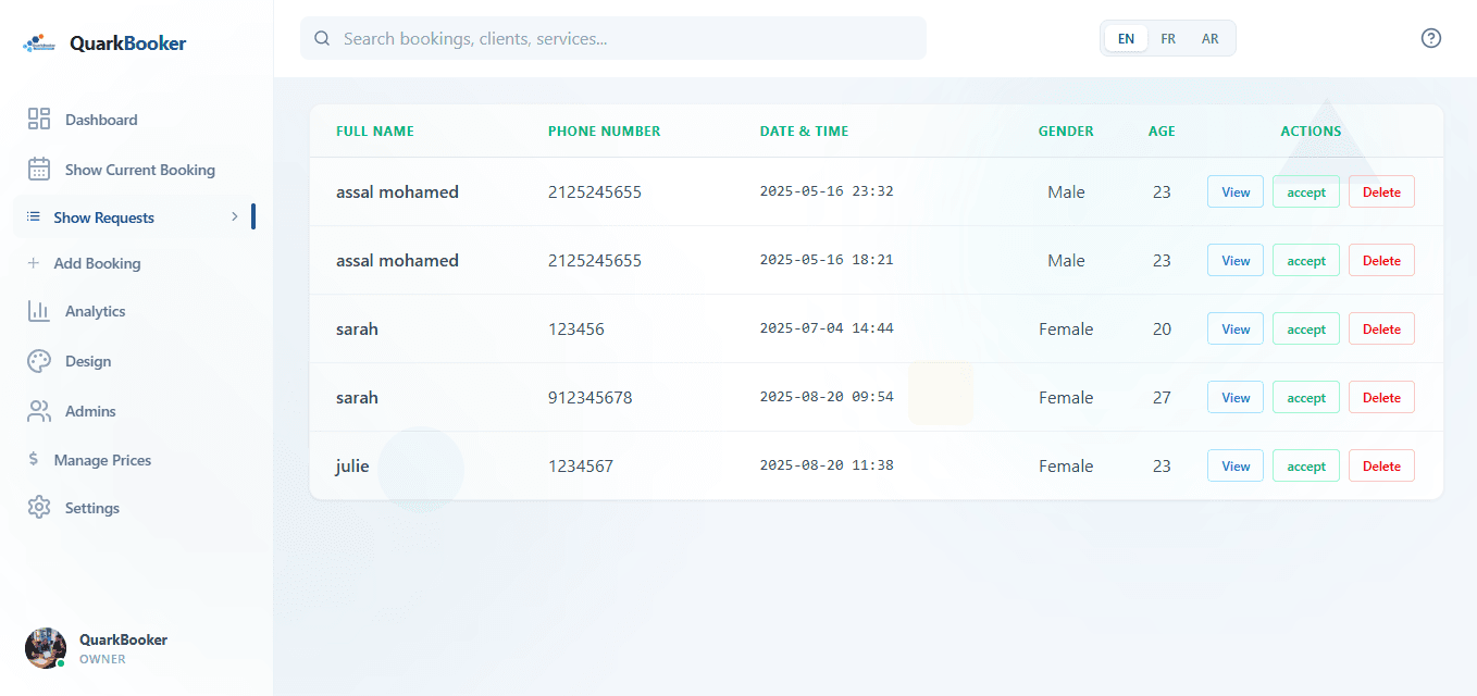 QuarkBooker Salon Management Dashboard